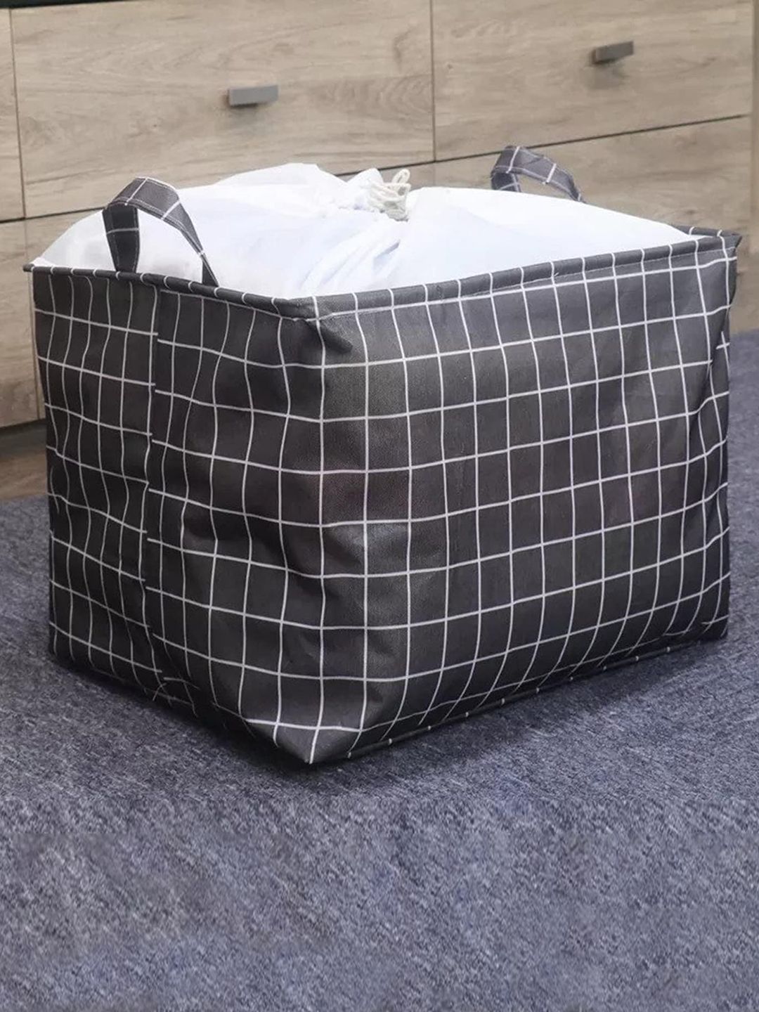 HOUSE OF QUIRK Black & White Checked Cotton Waterproof Square Storage Laundry Basket 100 L-image-31