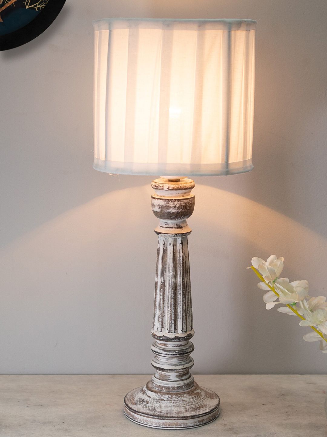 Homesake Traditional Country White Cottage Table Lamp With Pleated Wooden Base-image-2