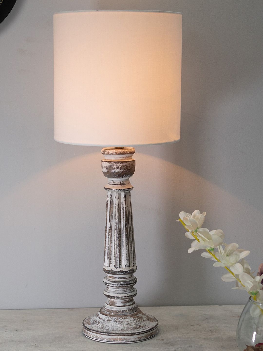 Homesake White Traditional Country Cottage Distressed Wooden Table Lamp With Drum Shade-picture-10