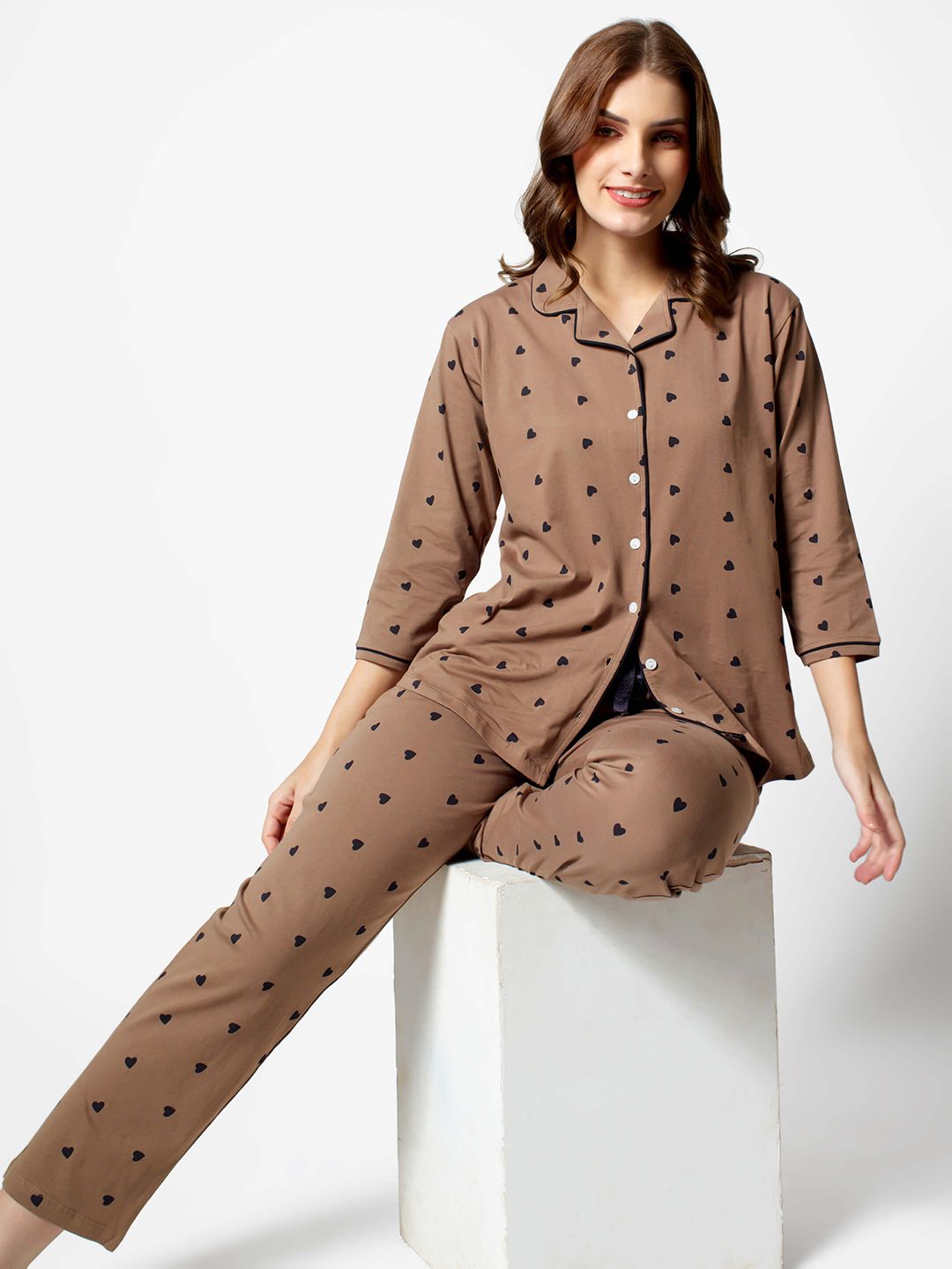 Zeyo Women Brown & Black Printed Night suit-image-40