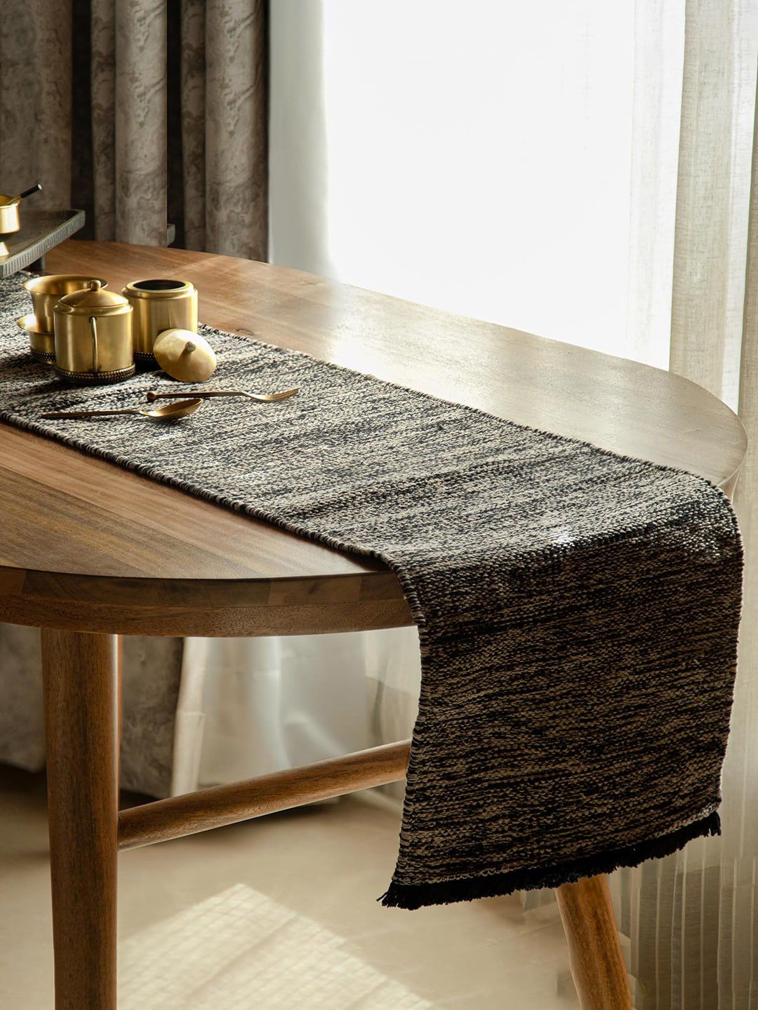 ellementry Statico Black Self-Design Pure Cotton Rectangular Table Runner