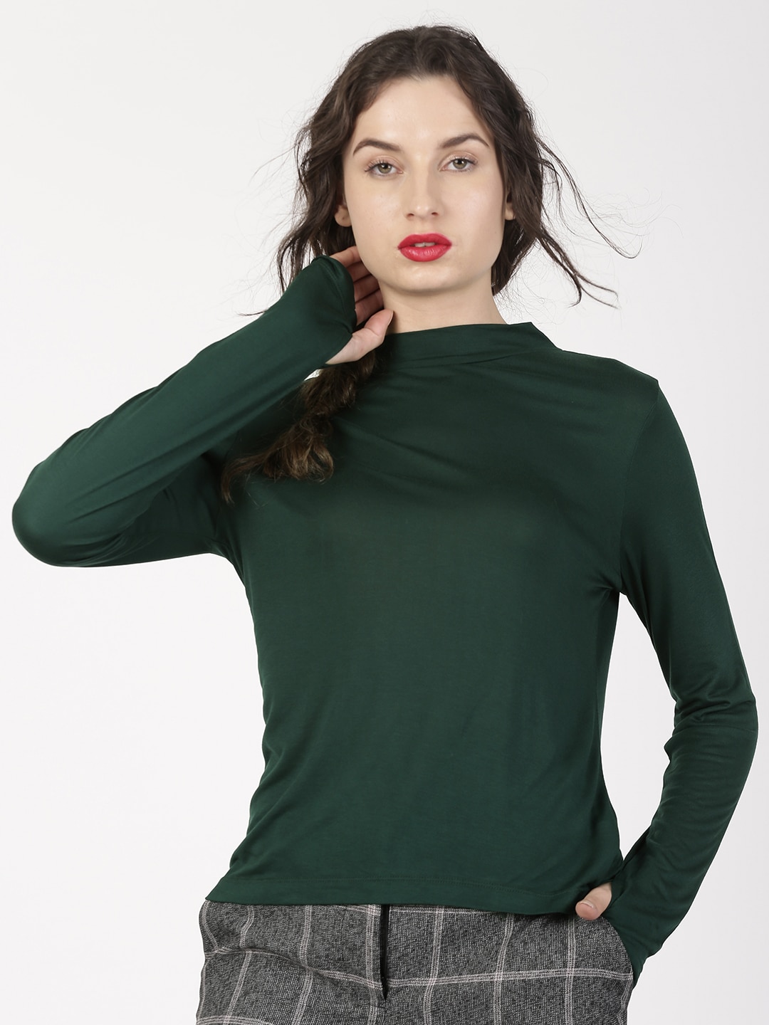 ether Women Green Solid High Neck Long Sleeve With Thumbhole Round Neck T-shirt