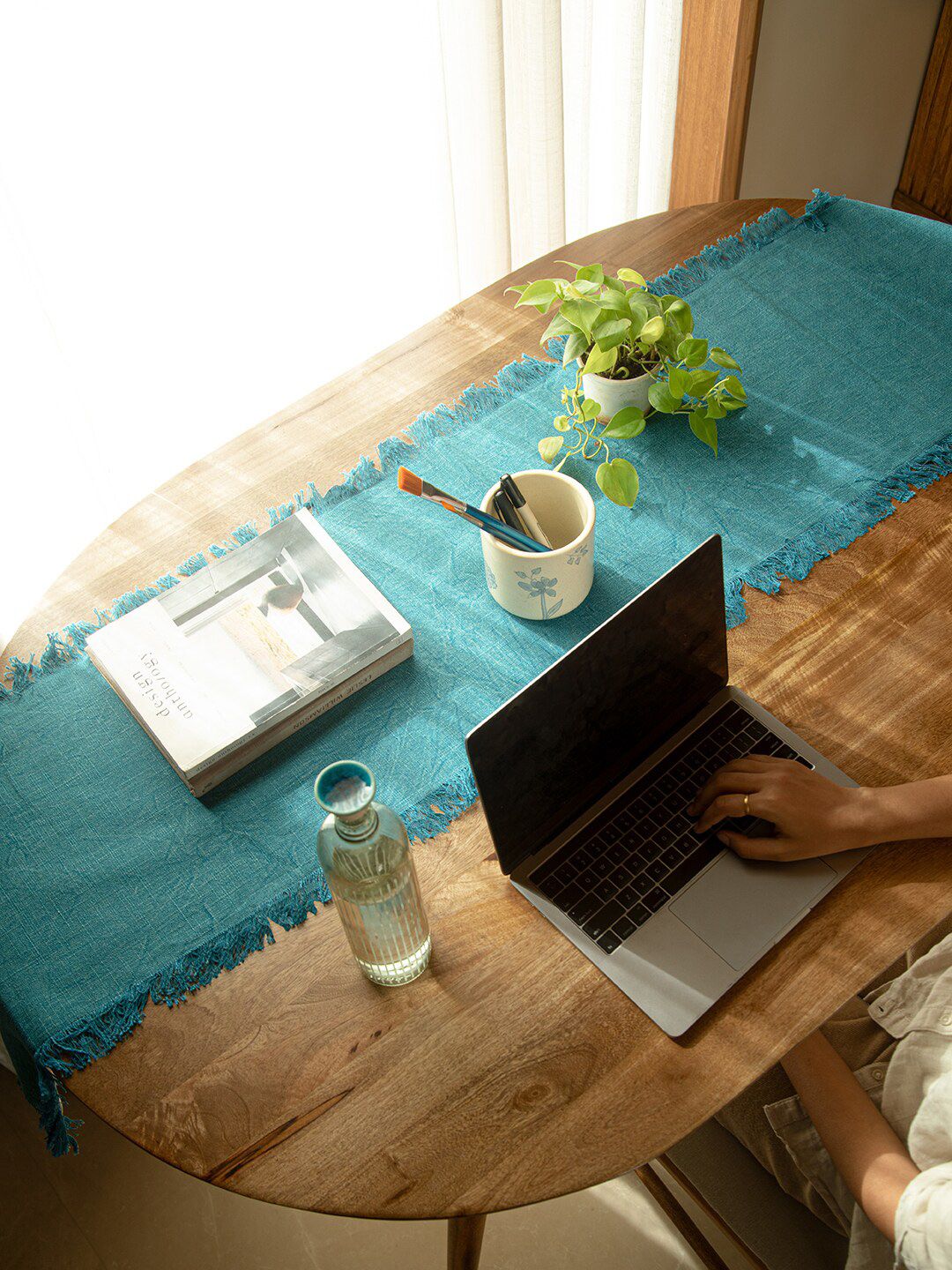 ellementry Untied Teal Blue Fringed Border Pure Cotton Rectangular Table Runner-picture-16