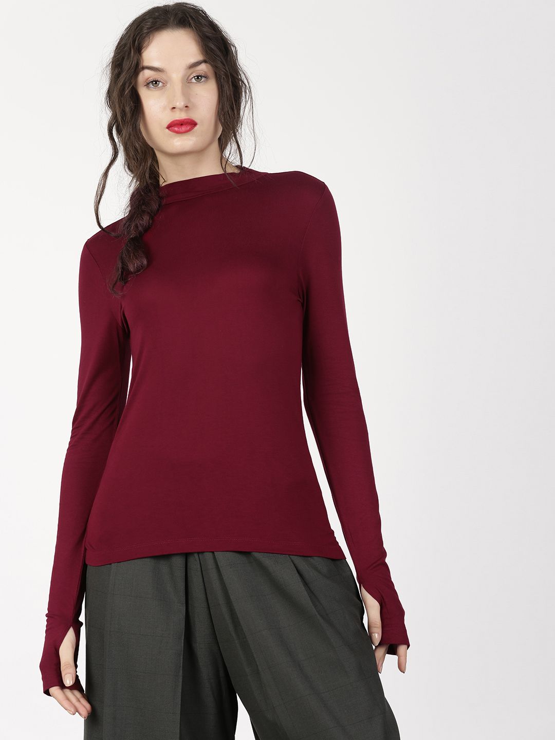 ether Women Burgundy Solid High Neck Long Sleeve With Thumbhole Round Neck T-shirt