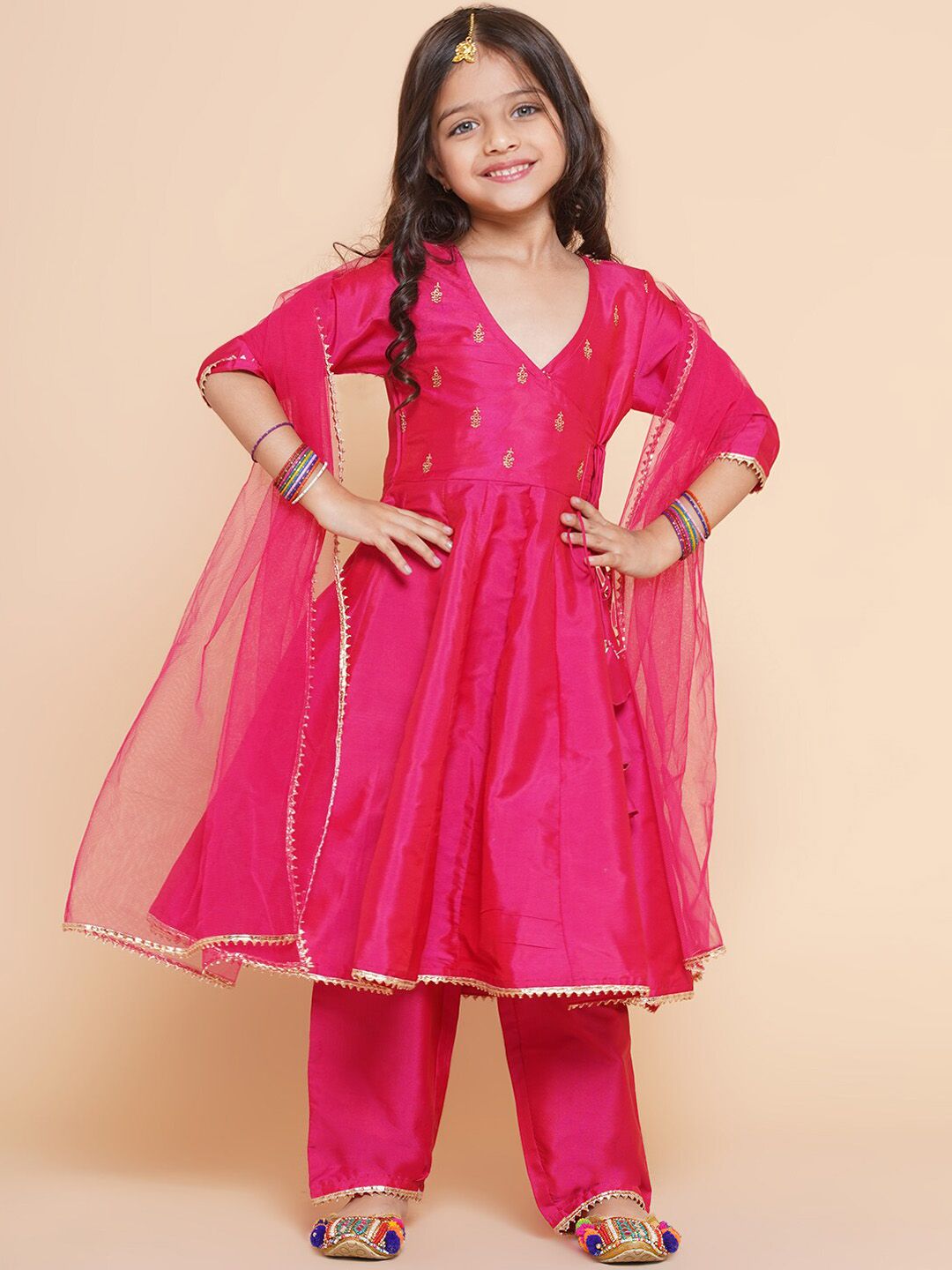 Bitiya by Bhama Girls Embroidered Angrakha Kurta with Trousers & Dupatta