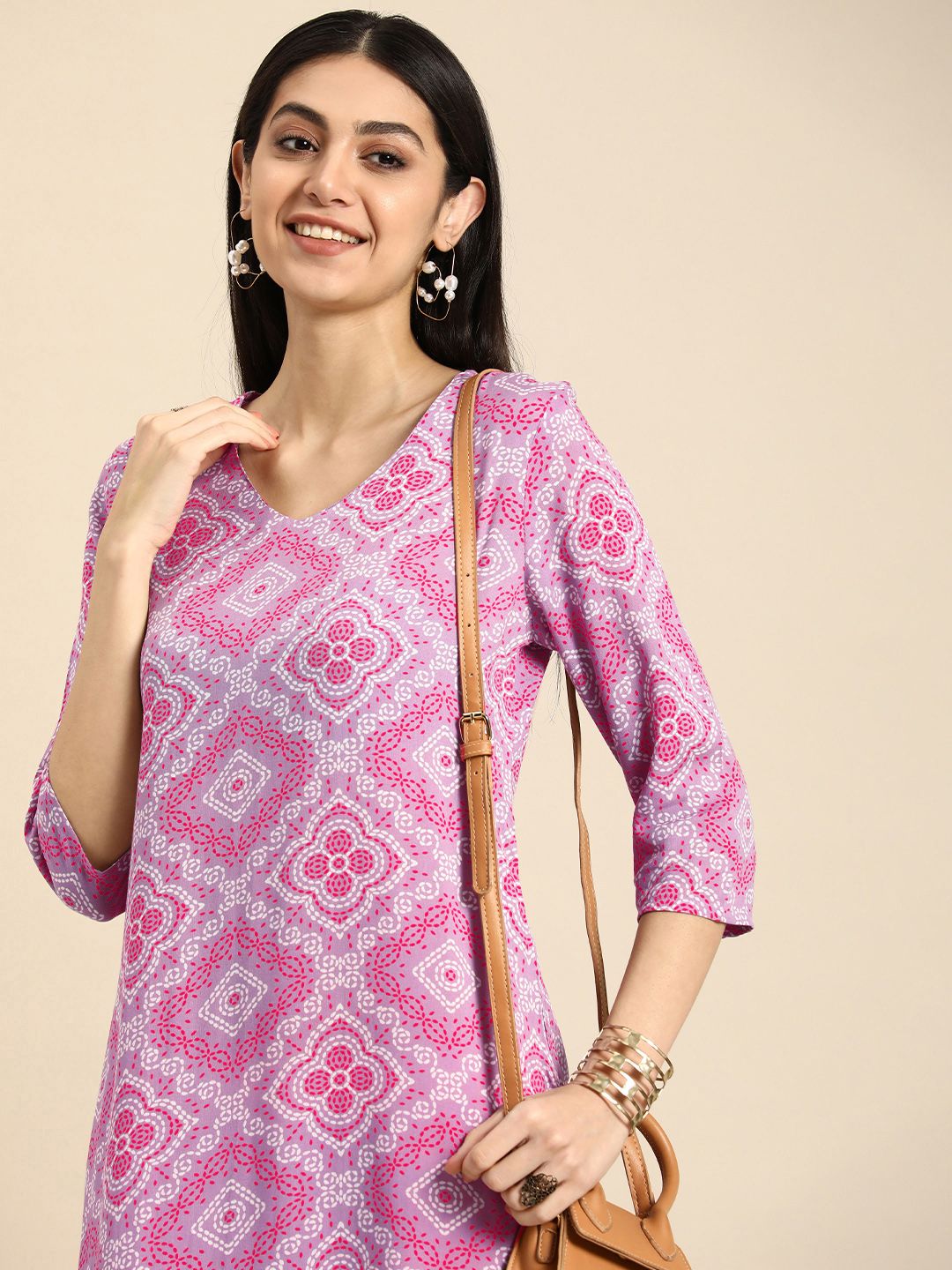 Anouk women pink deals printed straight kurta