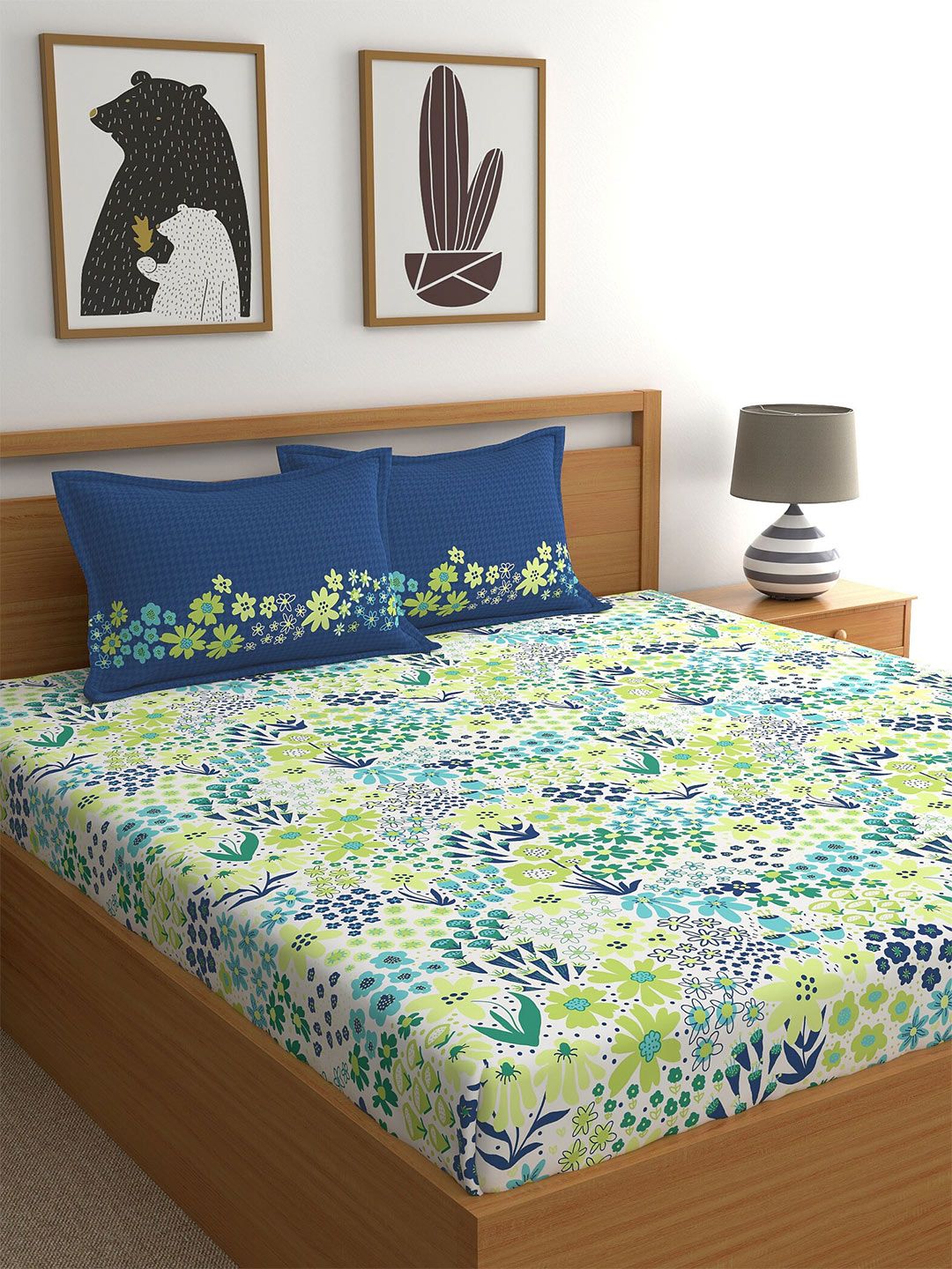 Home Ecstasy Blue & Green Floral 140 TC Pure Cotton King Bedsheet with 2 Pillow Covers-picture-25