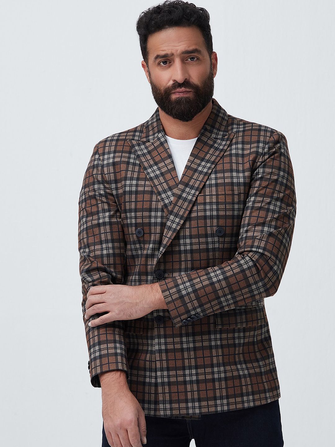 MR BUTTON Men Checked Double-Breasted Slim-Fit Blazers-picture-40