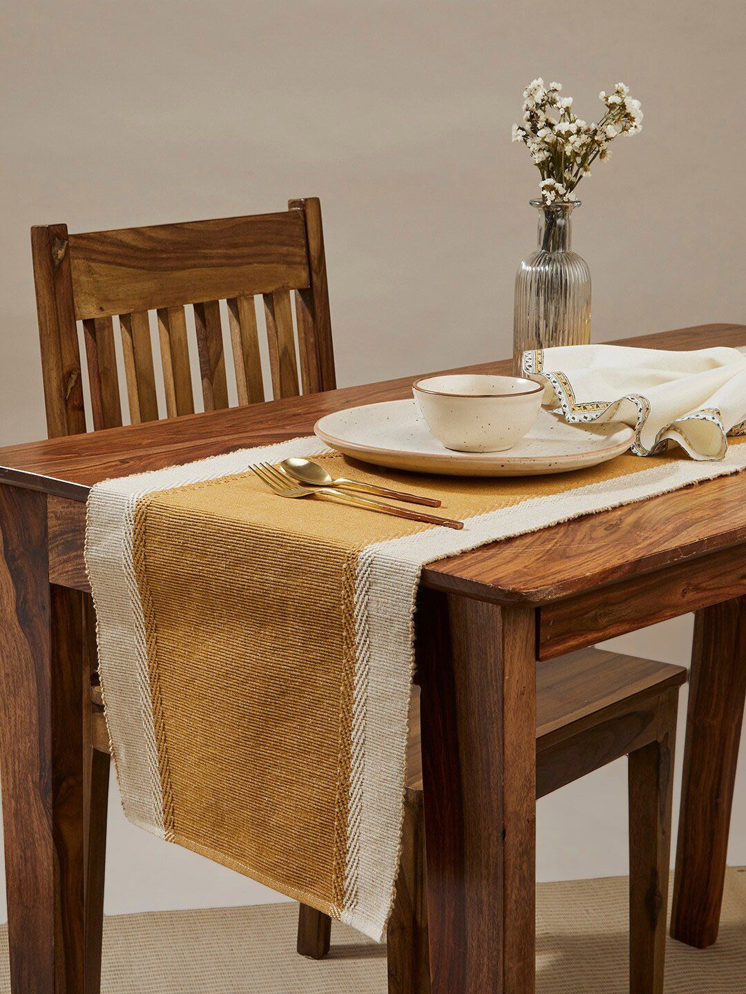 Fabindia Samara Beige & Mustard Yellow Woven Pure Cotton Table Runner