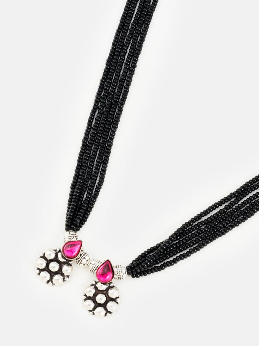 ATIBELLE Oxidised Silver-Plated Stone-Studded Beaded Mangalsutra With Earrings