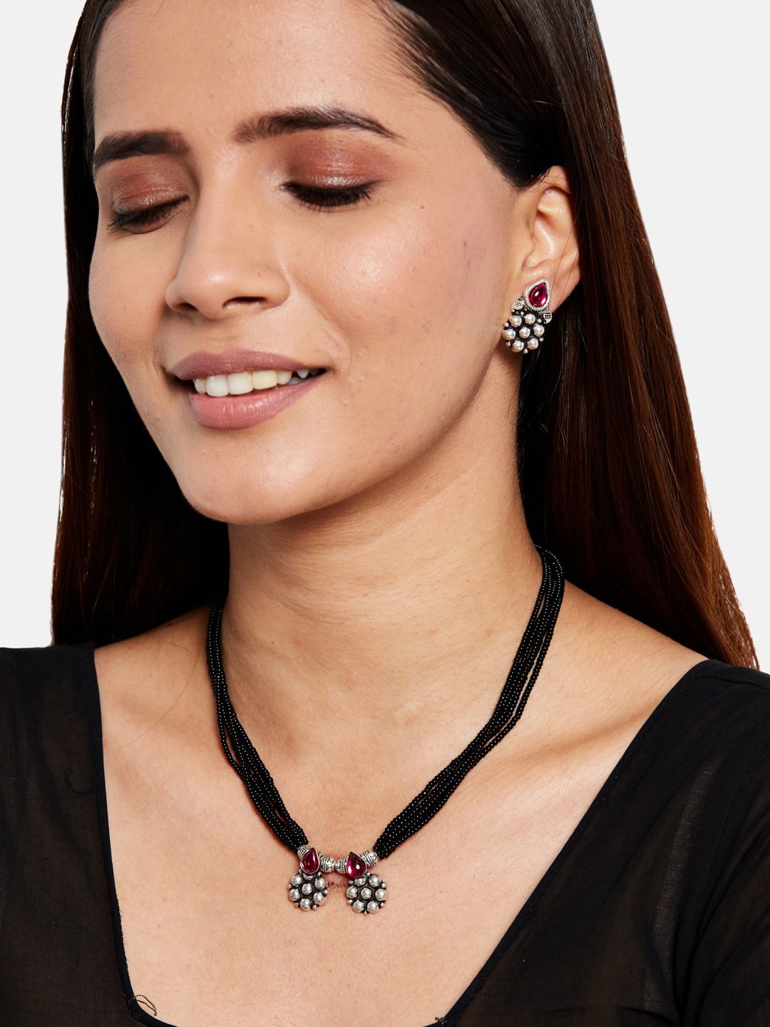 ATIBELLE Oxidised Silver-Plated Stone-Studded Beaded Mangalsutra With Earrings