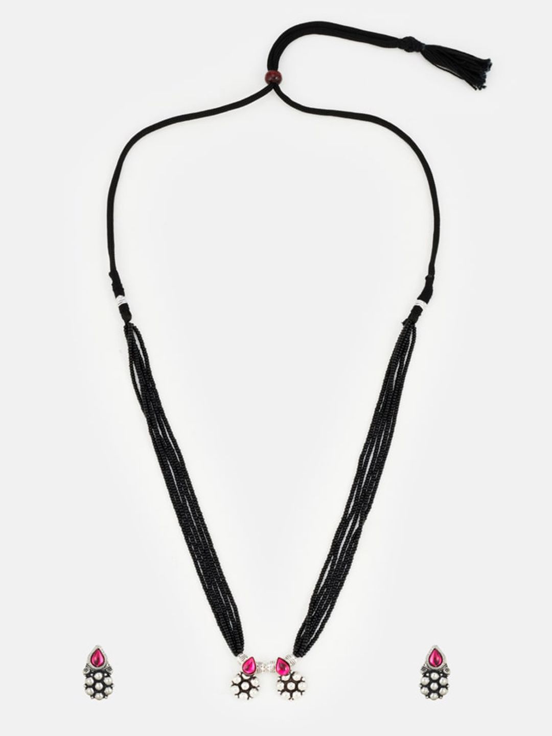 ATIBELLE Oxidised Silver-Plated Stone-Studded Beaded Mangalsutra With Earrings
