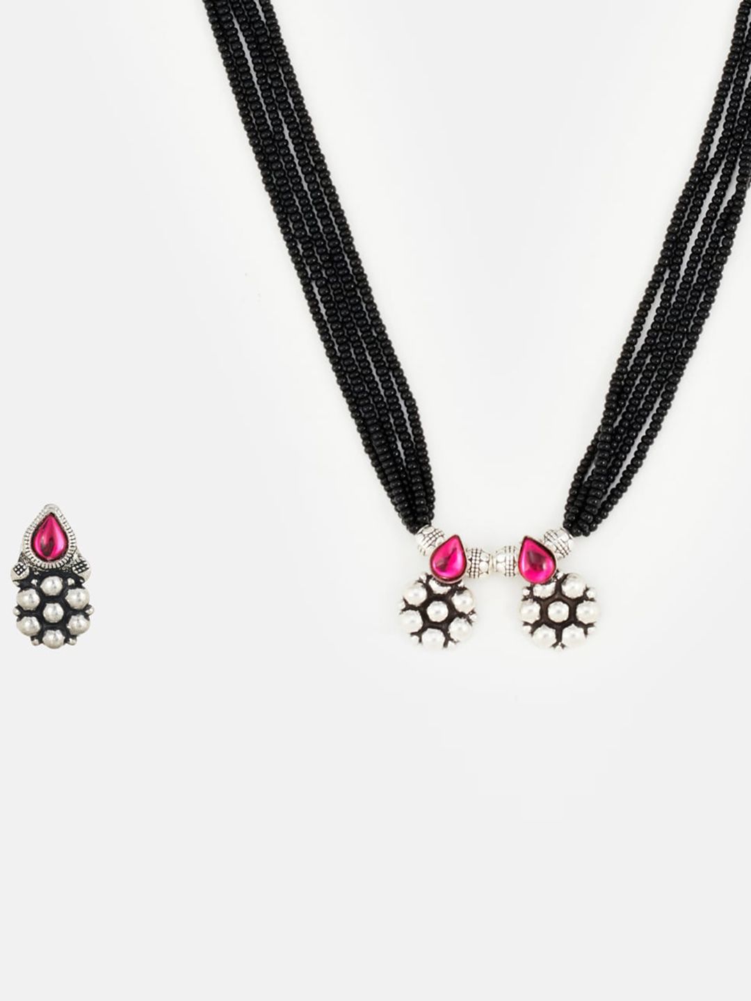 ATIBELLE Oxidised Silver-Plated Stone-Studded Beaded Mangalsutra With Earrings
