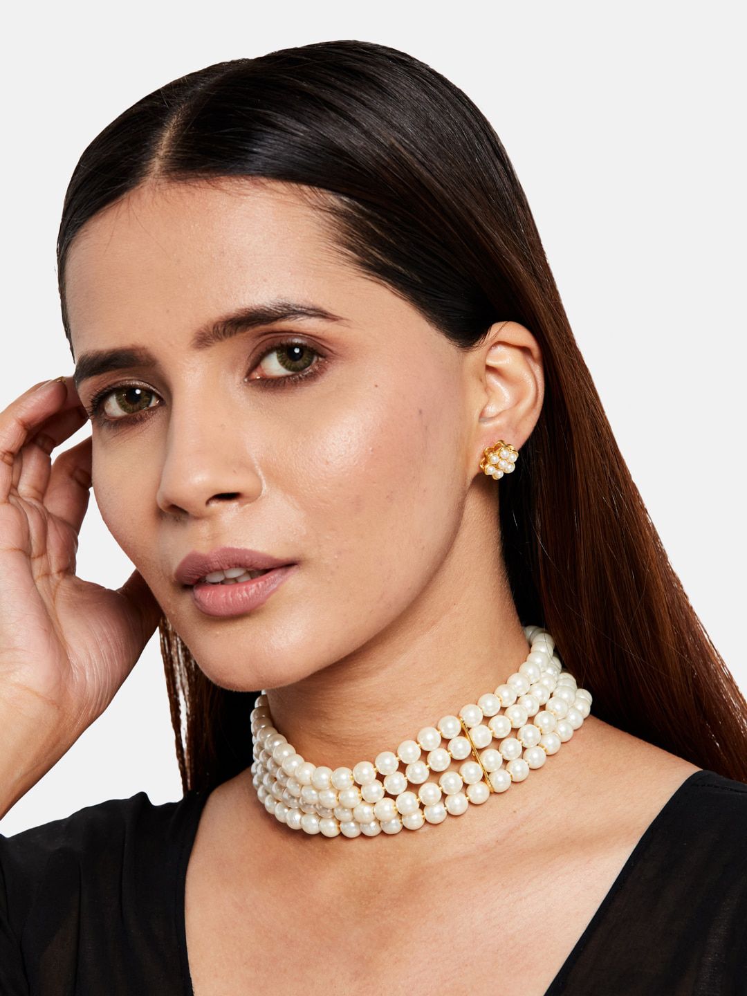 ATIBELLE Gold-Plated Artificial Beaded Layered Classic Choker Jewellery Set