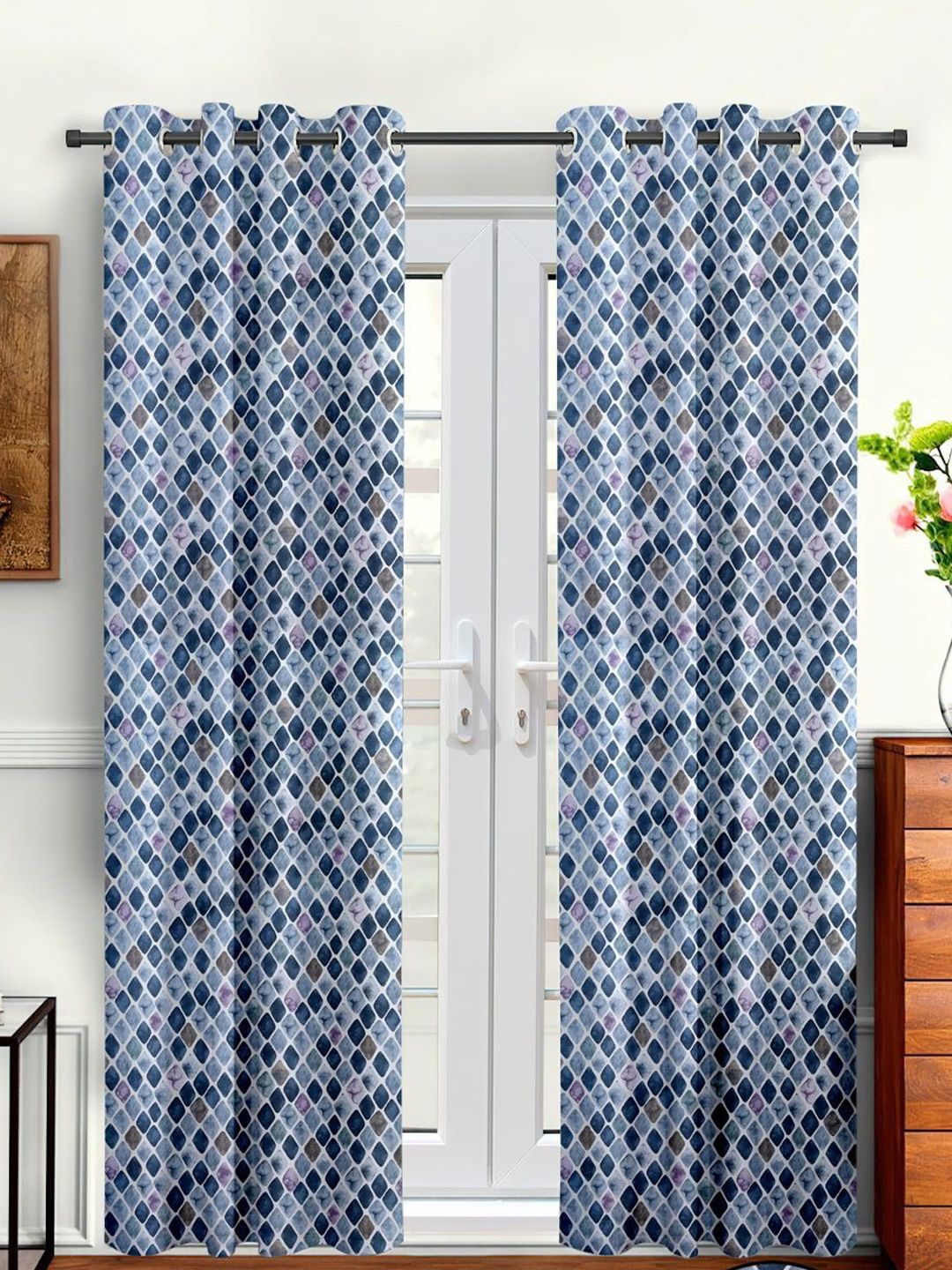 Cortina Navy Blue & White 2 Pieces Geometric Long Door Curtain-image-20