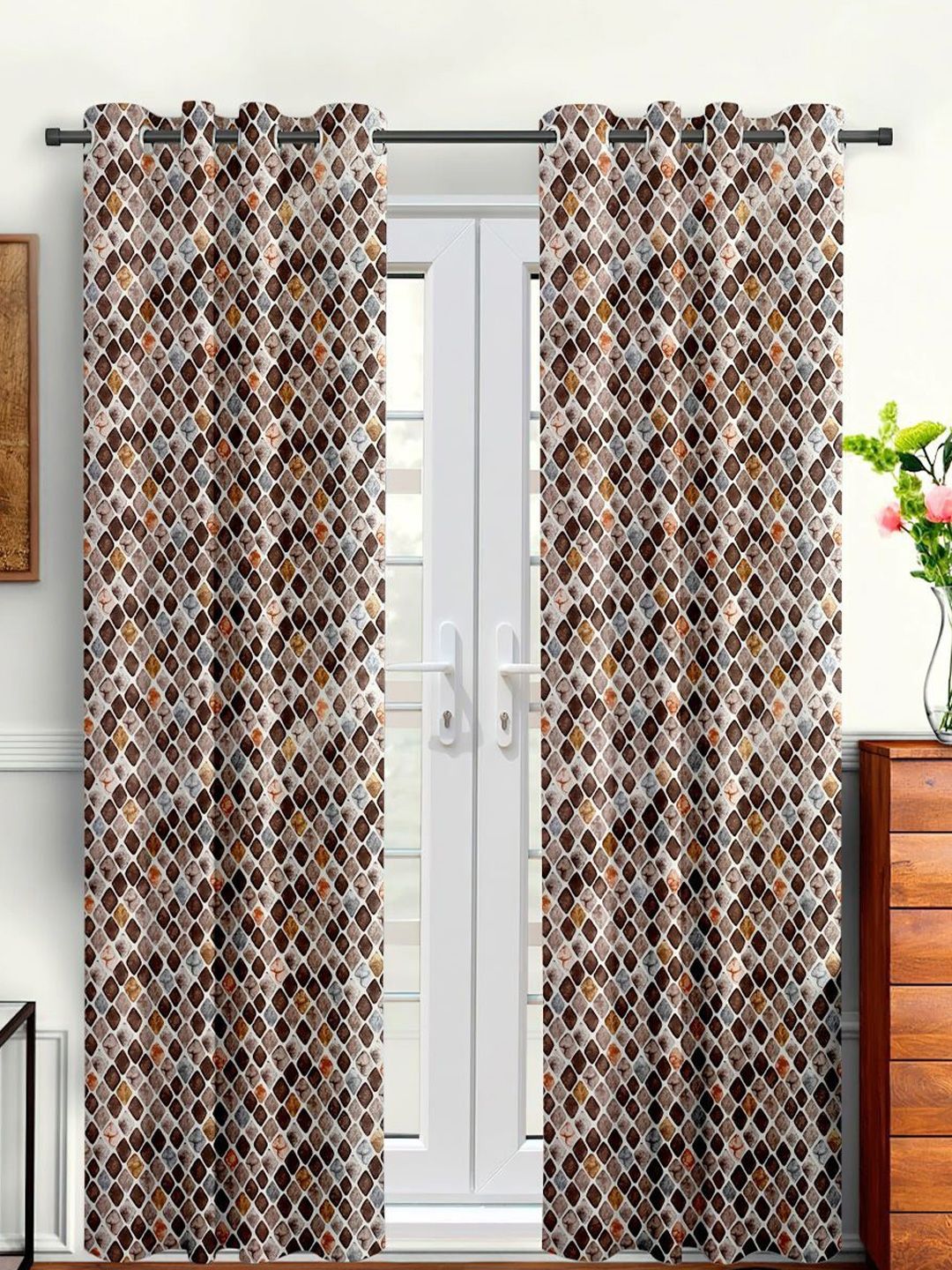 Cortina Brown & White 2 Pieces Geometric Door Curtain-image-44