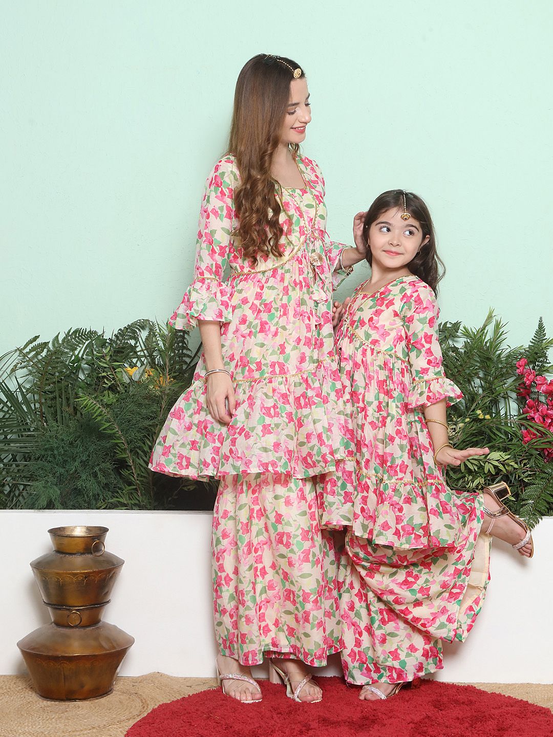 Bitiya by Bhama Girls Floral Printed Tiered Gotta Patti Kurta with Sharara-picture-52
