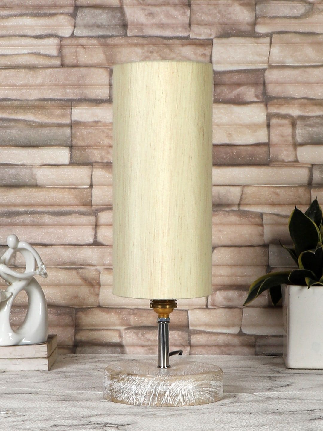 Devansh Cream-Coloured & White Cotton Table Lamp With Wood Base-image-17