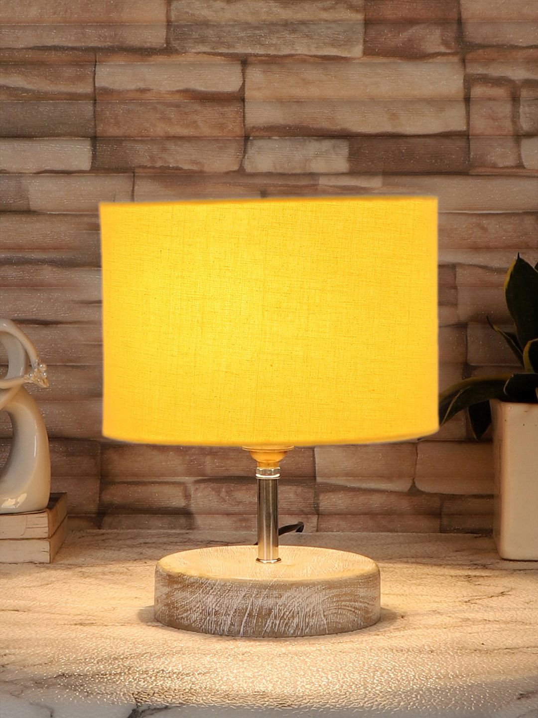 Devansh Yellow & White Textured Cotton Table Lamp With Wood Base-picture-20