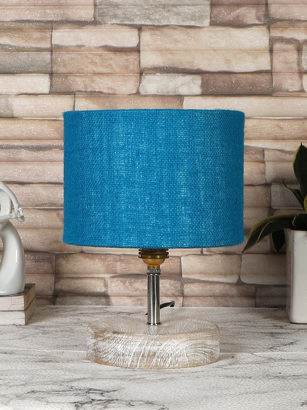 Devansh Turquoise Blue & White Textured Jute Table Lamp With Wood Base-image-25