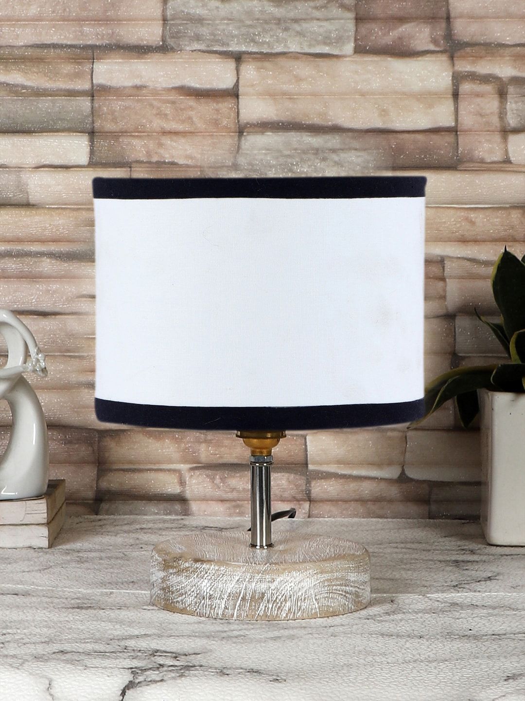 Devansh White Textured Cotton Table Lamp With Wood Base-image-43