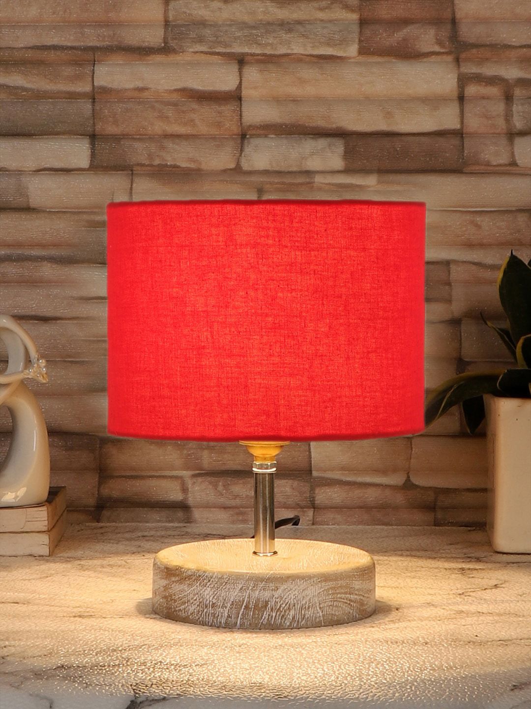 Devansh Red & White Textured Cotton Table Lamp With Wood Base-image-42