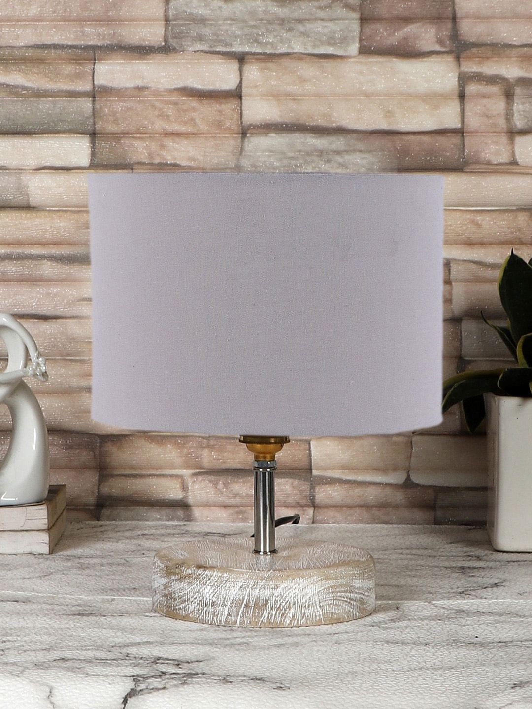 Devansh Grey & White Textured Cotton Table Lamp With Wood Base-image-26