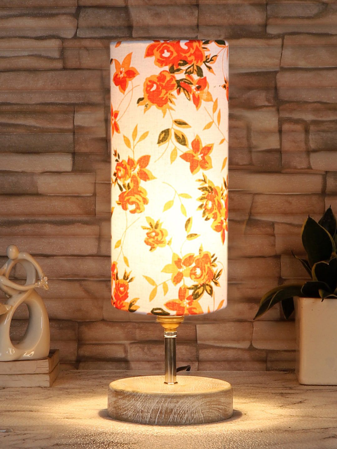 Devansh White & Orange Printed Cotton Table Lamp With Wood Base-image-46