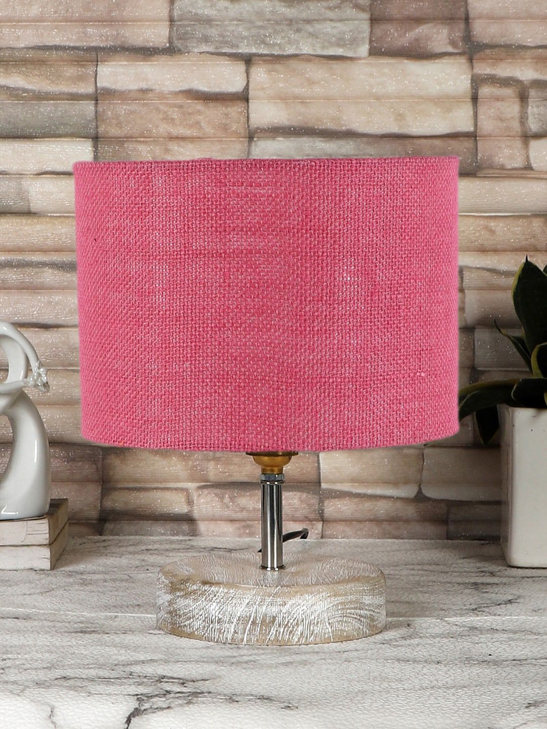 Devansh Pink & White Textured Jute Table Lamp With Wood Base-image-25