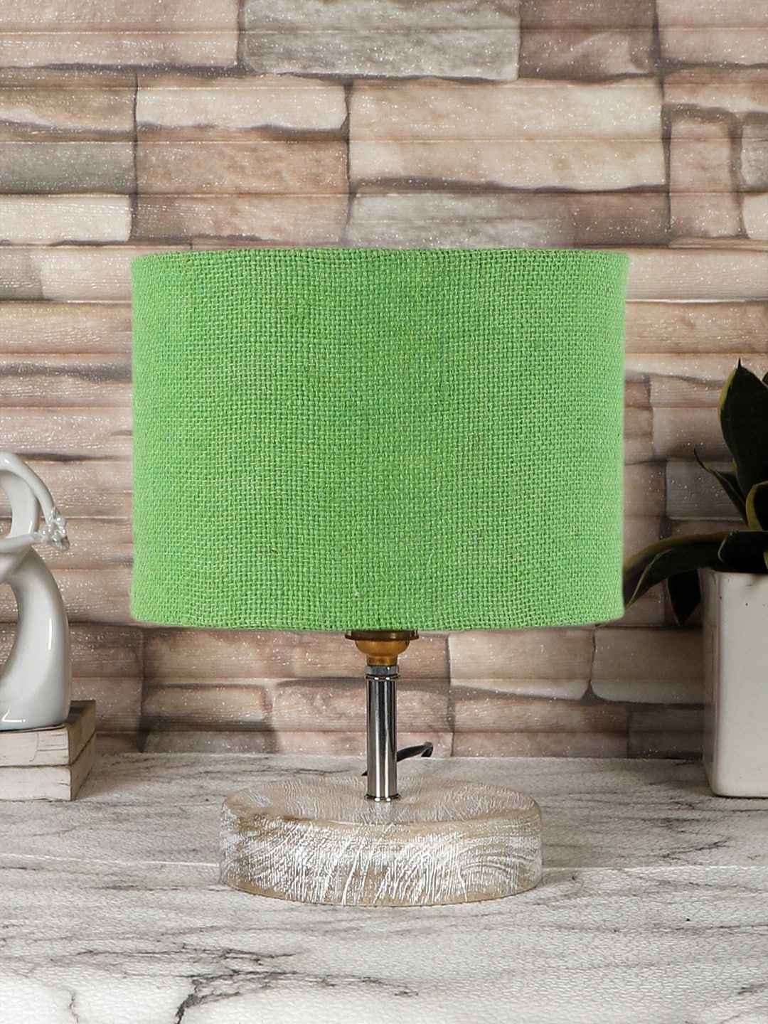 Devansh Green & White Textured Jute Table Lamp With Wood Base-image-49