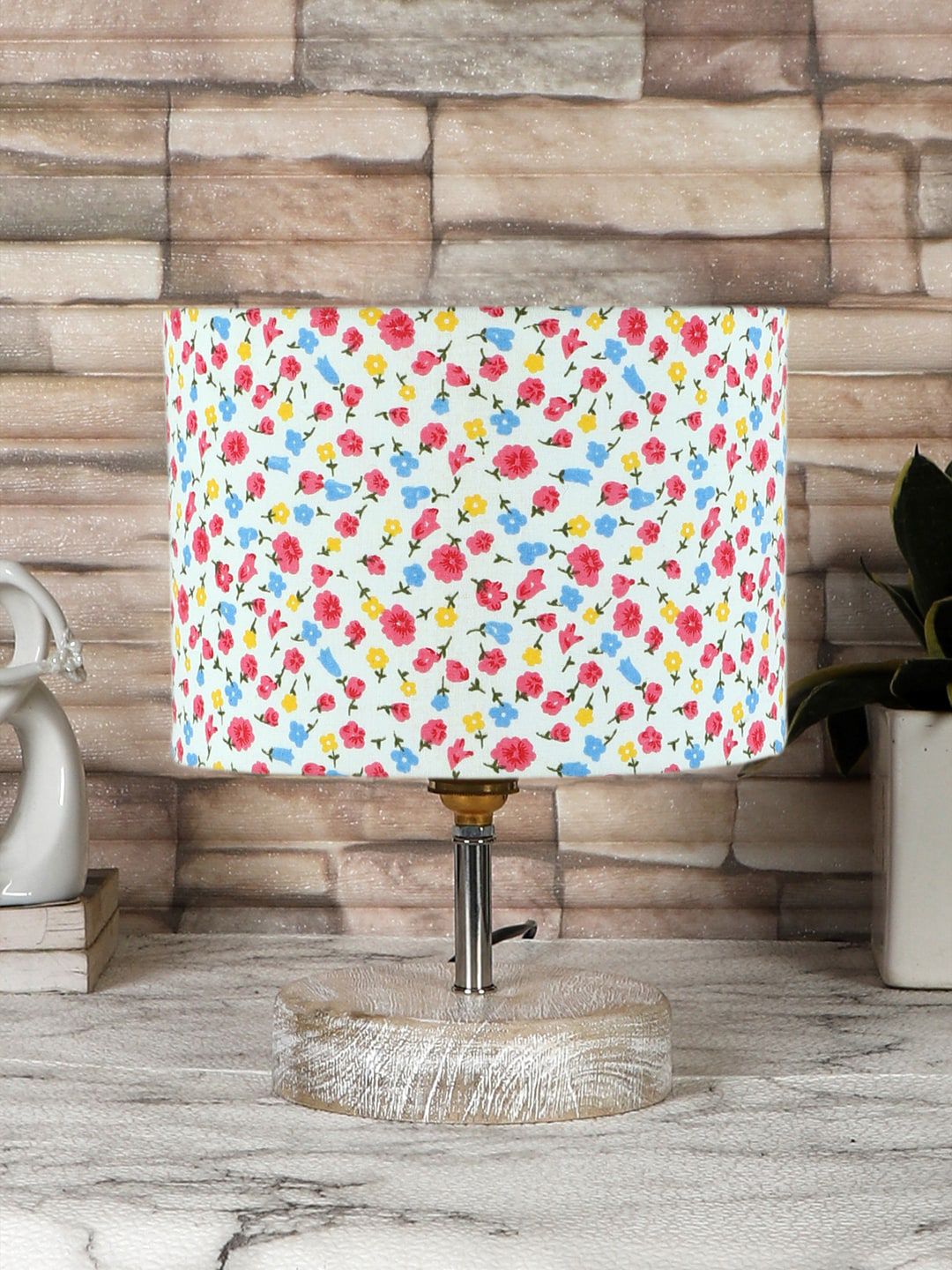 Devansh White & Pink Floral Printed Cotton Table Lamp With Wood Base-image-48