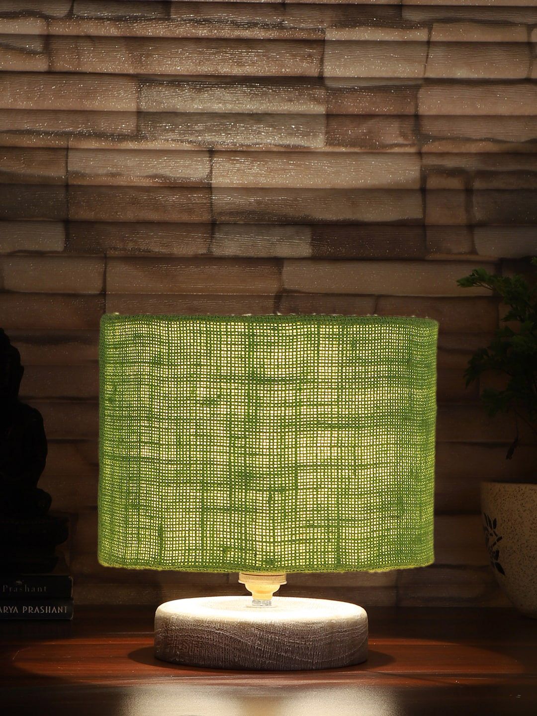 Devansh Green & White Textured Jute Table Lamp With Wood Base-image-48