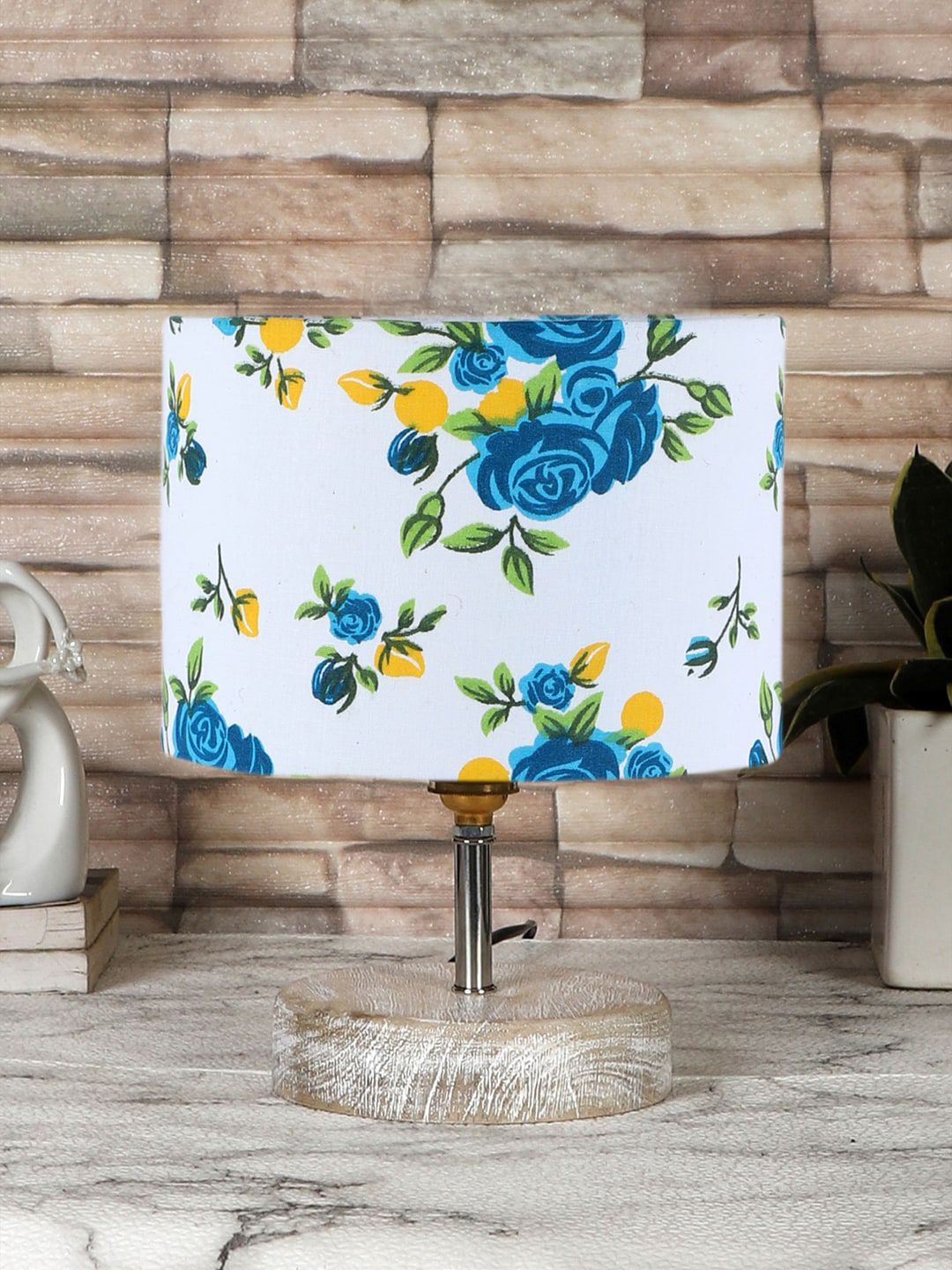 Devansh Blue & White Printed Cotton Table Lamp With Wood Base-image-47