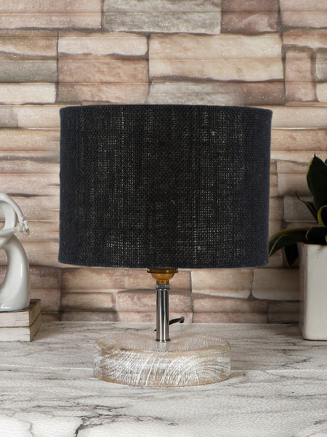 Devansh Black & White Textured Jute Table Lamp With Wood Base-image-46