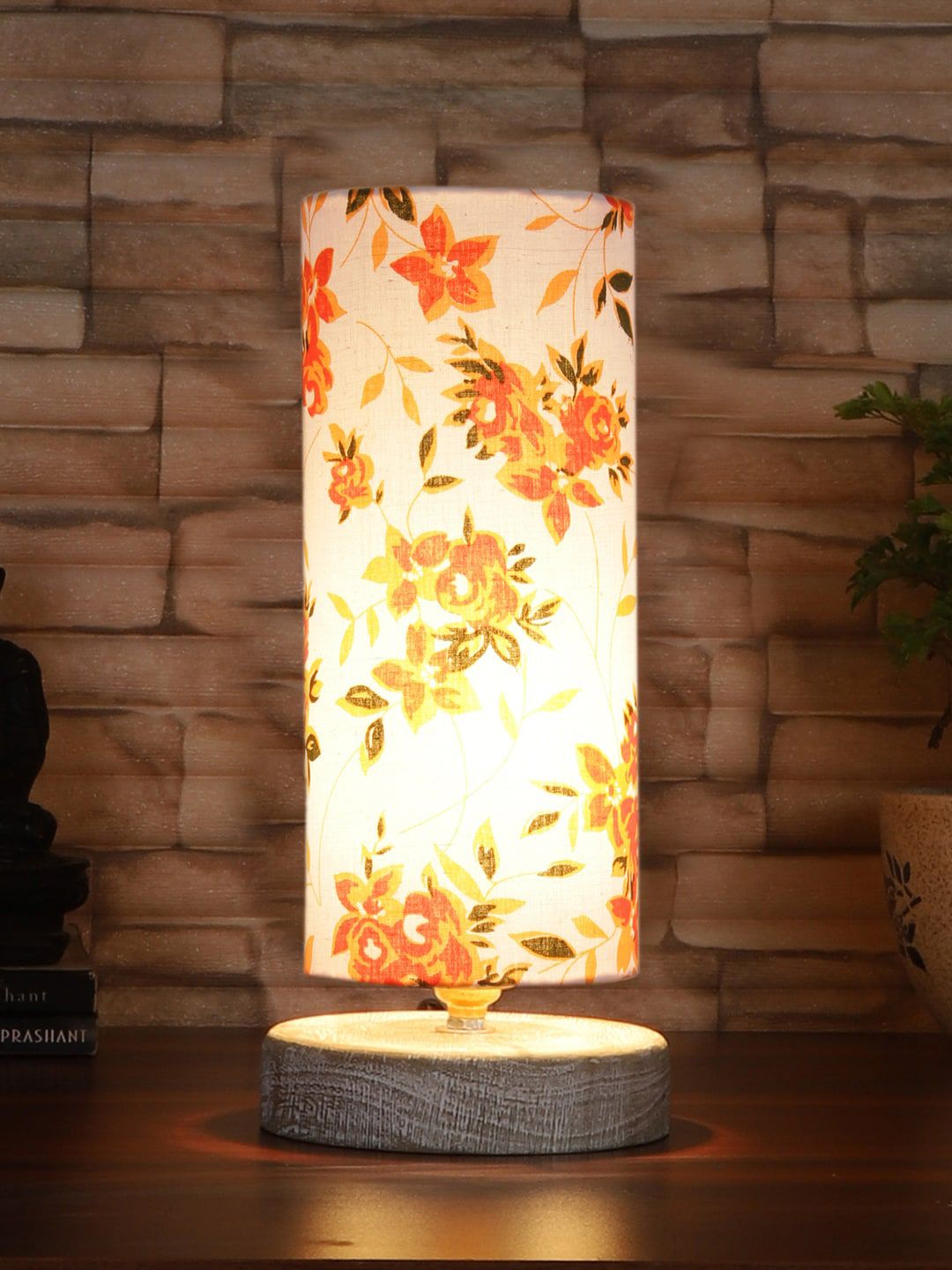 Devansh White & Orange Floral Printed Cotton Table Lamp With Wood Base-image-49