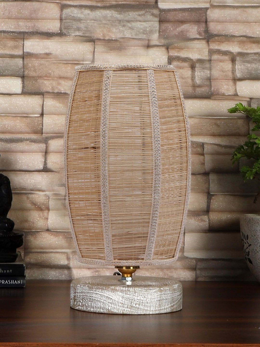 Devansh Dholak Beige & White Bamboo Table Lamp With Wood Base-image-35