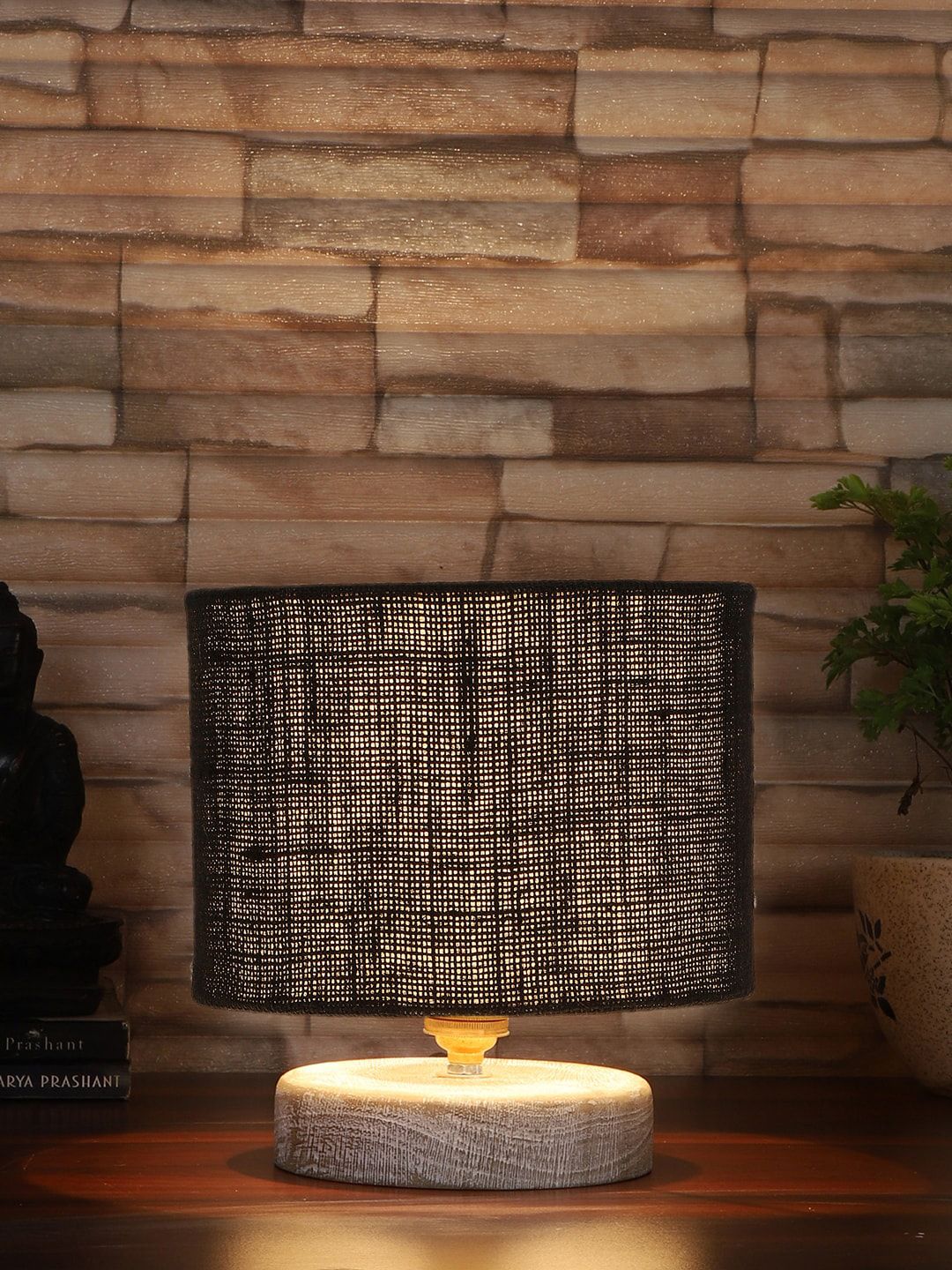 Devansh Black & White Textured Jute Table Lamp With Wood Base-image-35