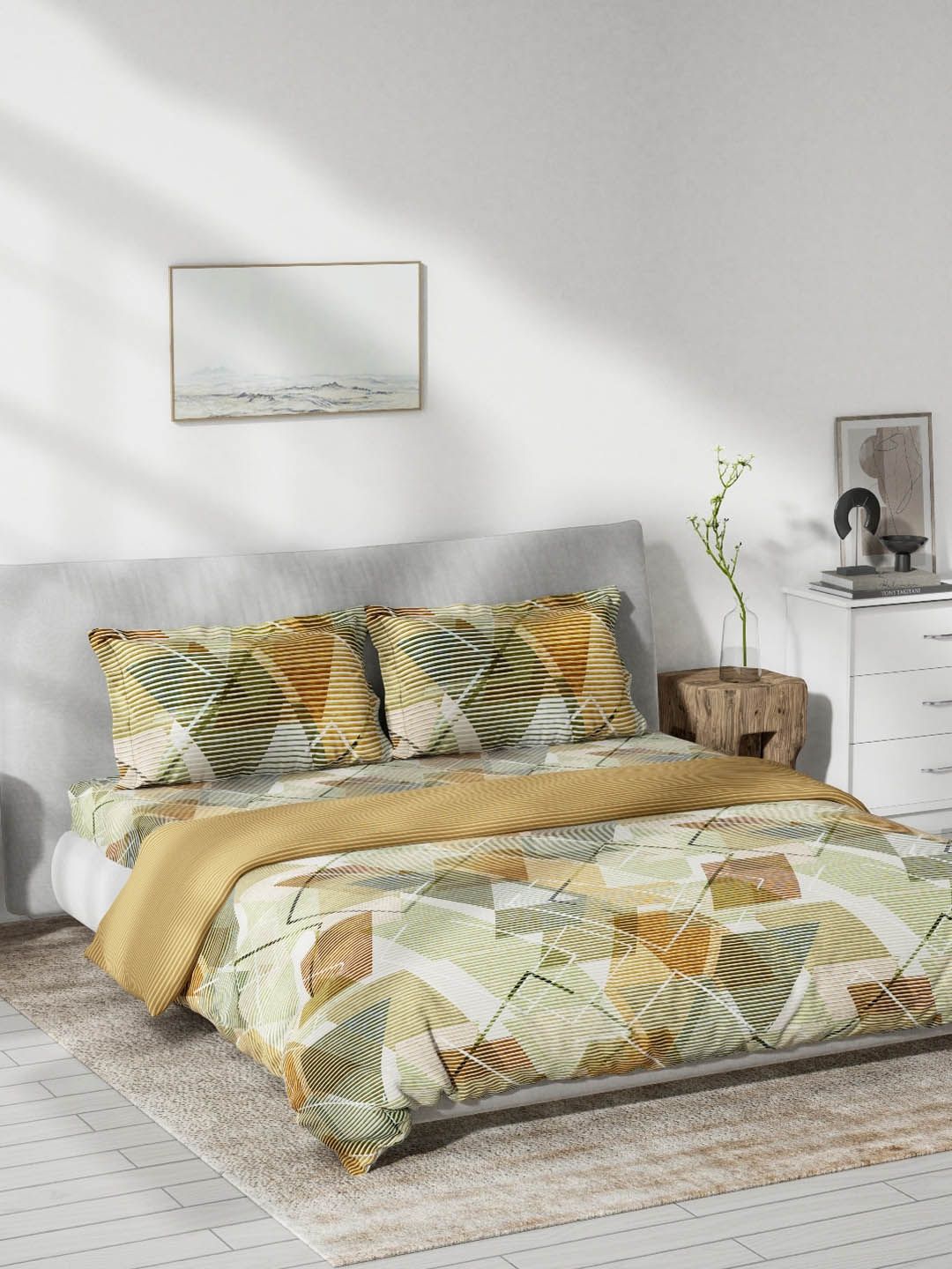 DDecor Live Beautiful 3 Pcs Mustard Yellow & White Geometric Double Queen Bedding Set-image-1