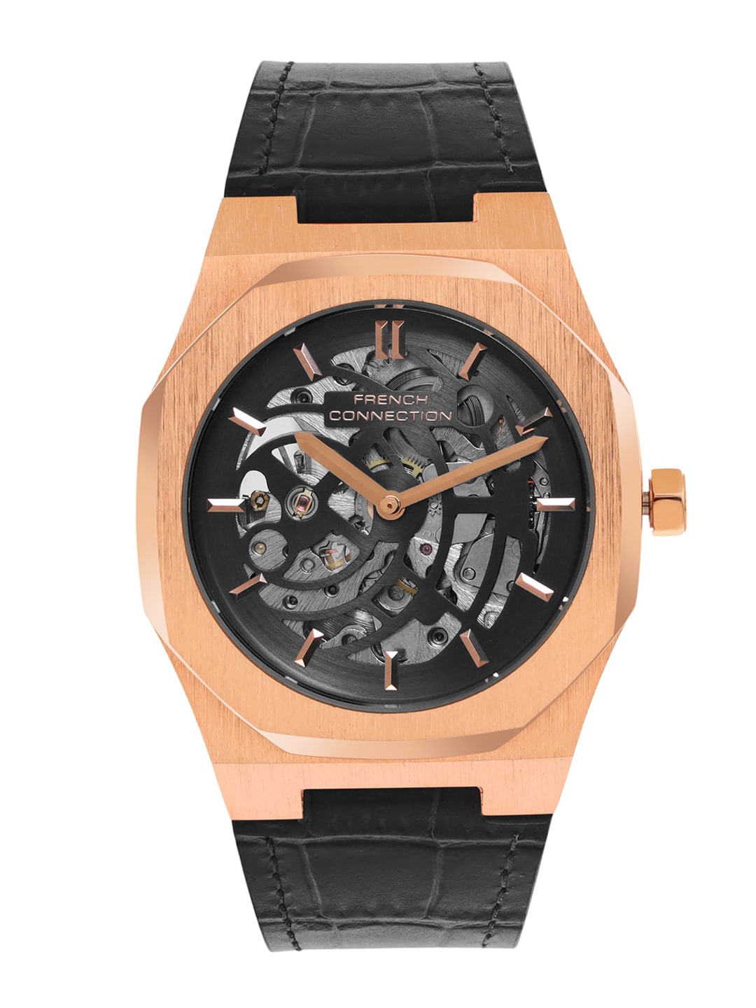 French Connection Men Skeleton Dial & Leather Textured Straps Automatic Watch FCA01-8