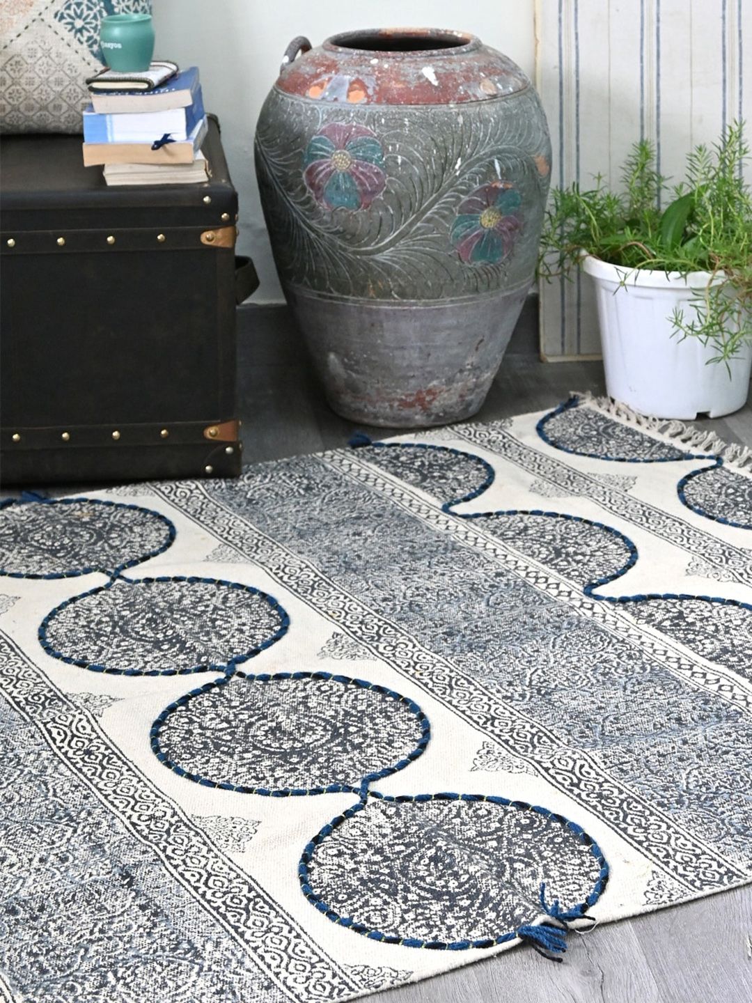Art Avenue White & Blue Ethnic Motifs Printed & Embroidered Cotton Carpet-image-21