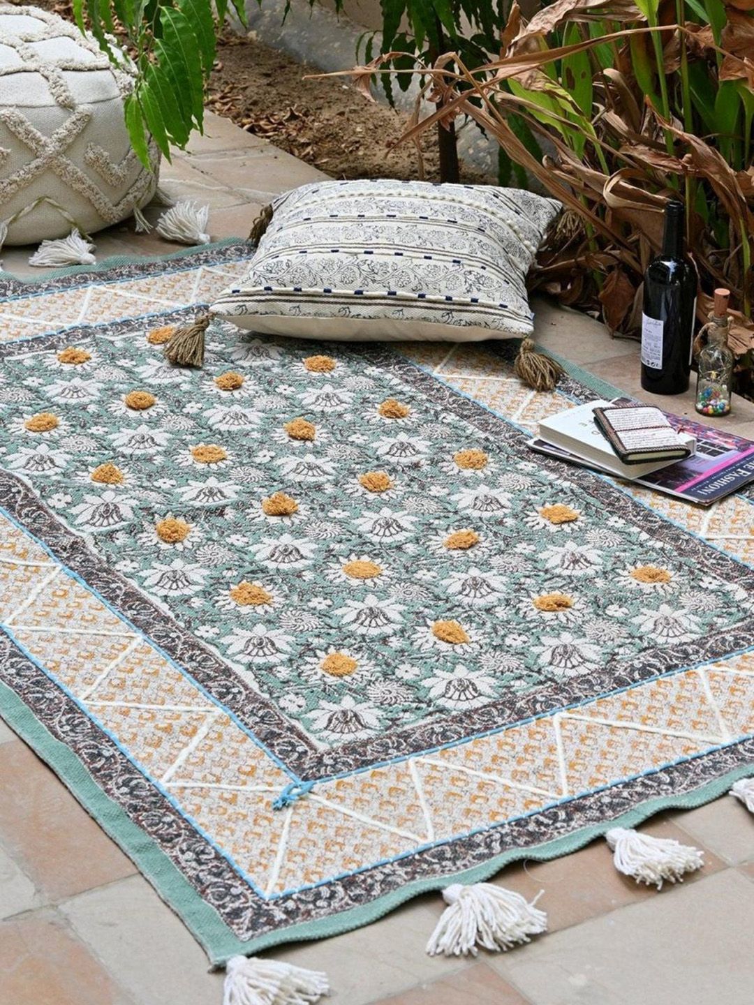 Art Avenue Green & Yellow Floral Printed & Embroidered Cotton Carpet-picture-27