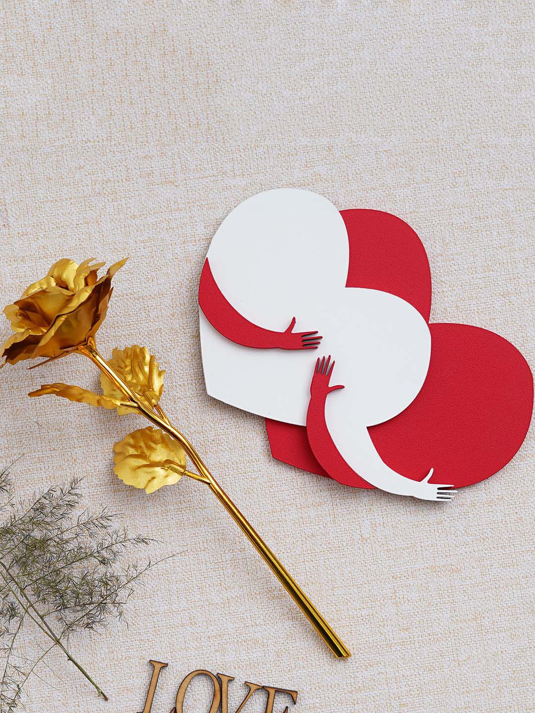 artisyn eCraftIndia 2 Pieces Red & White Heart Hugging Each Other Valentine Gift Set With Rose-picture-21