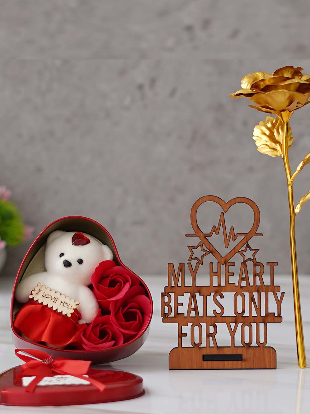 artisyn eCraftIndia 7 Pieces Brown & Red Wooden Showpiece With Stand Rose & Heart Shaped Gift Box-picture-13