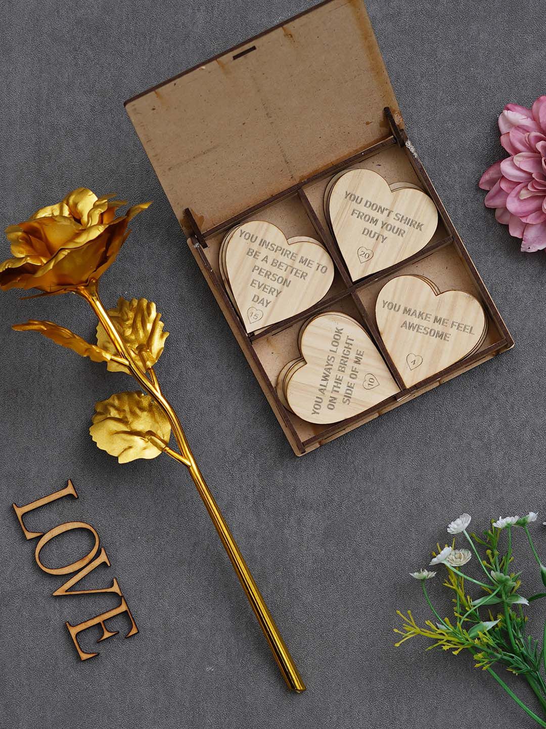 artisyn eCraftIndia 22 Pieces Yellow & Brown Rose & Little Hearts With Wooden Gift Set-picture-11