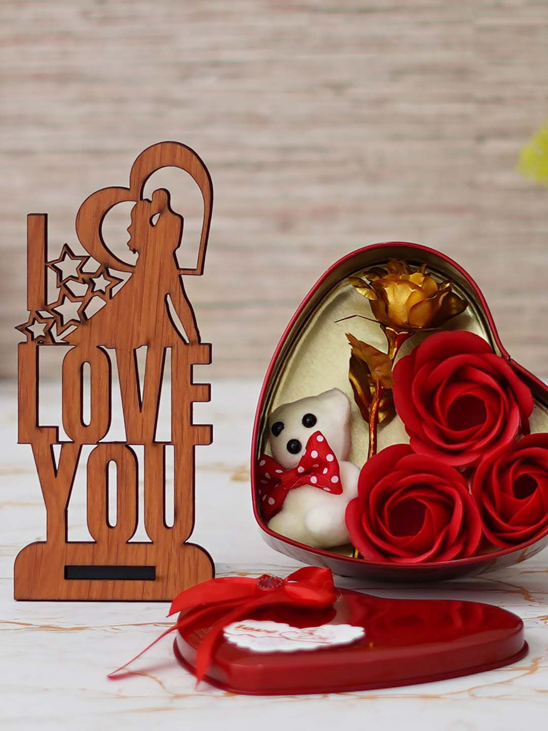 eCraftIndia 2 Pcs Red Wooden Showpiece & Heart Shaped Valentine Gift Box-image-33
