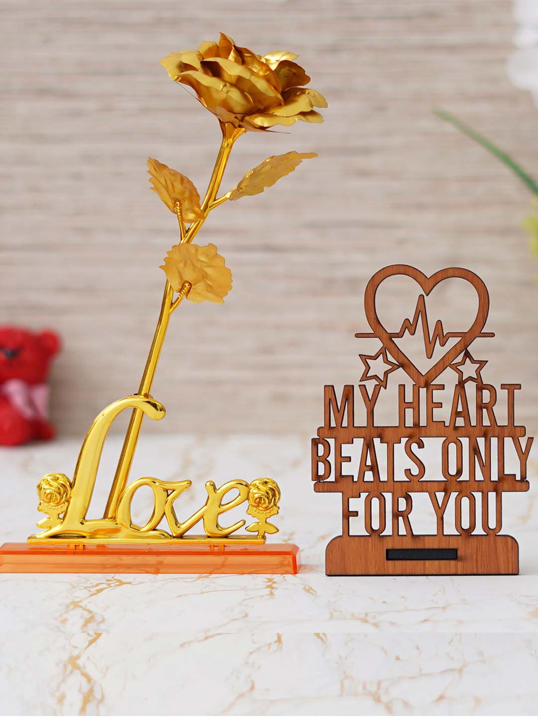 eCraftIndia 2 Pcs  Rose Table Decor Gift Showpiece Valentine Gift Set-image-10