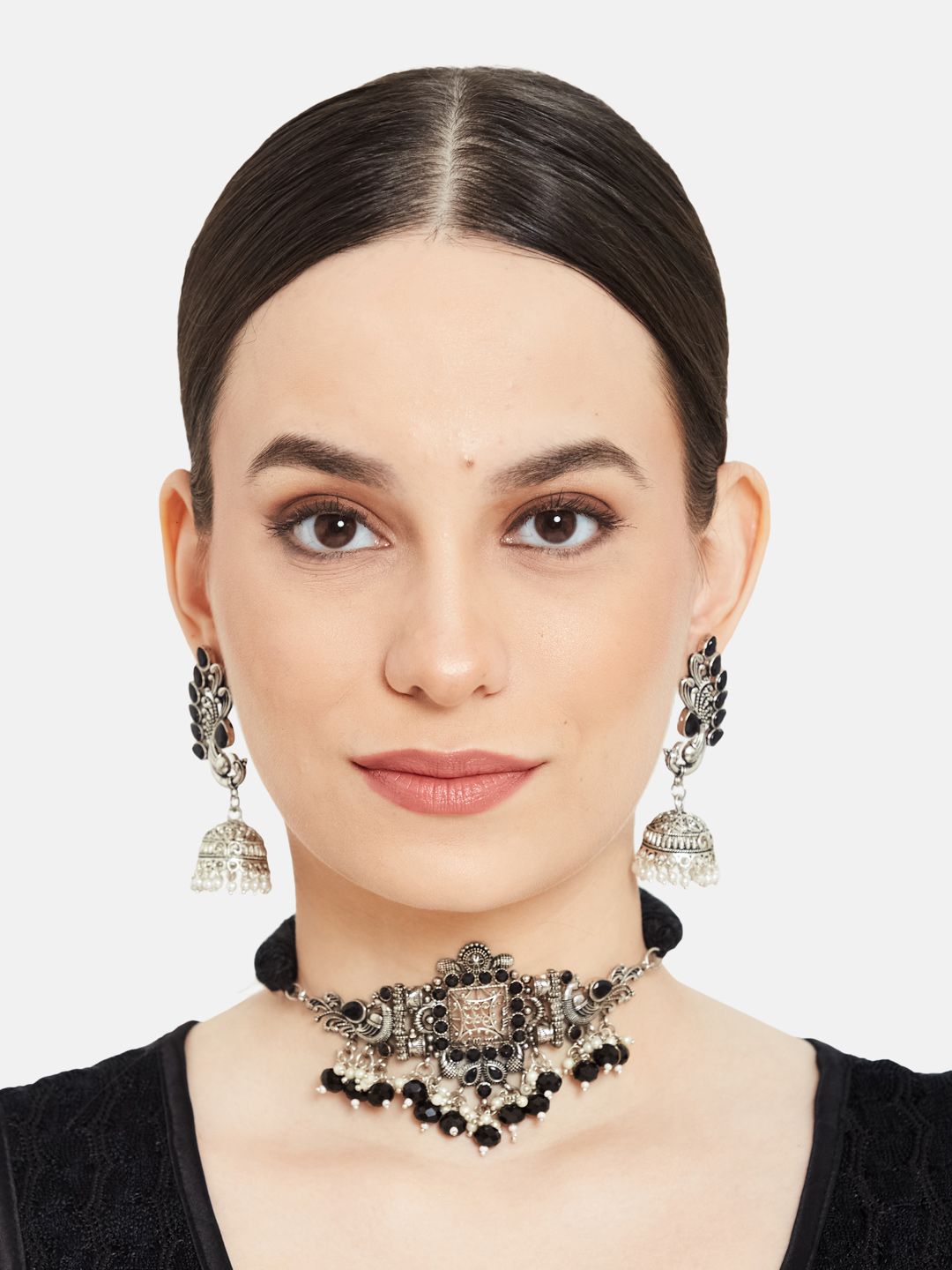 ATIBELLE Silver-Plated Stone-Studded & Beaded Jewellery Set