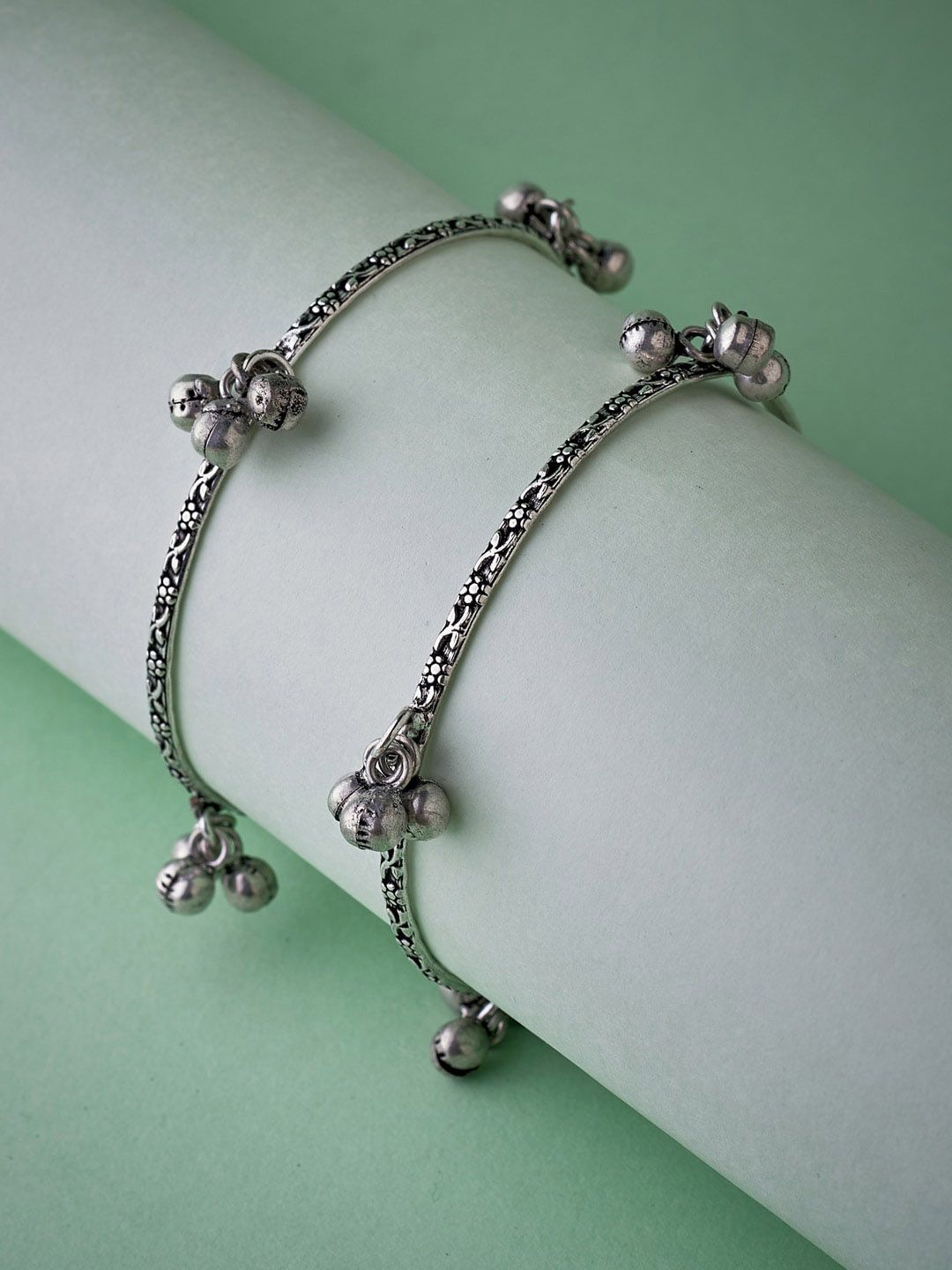 ATIBELLE Set Of 2 Oxidised Silver-Plated Ghungroo Beaded Bangles