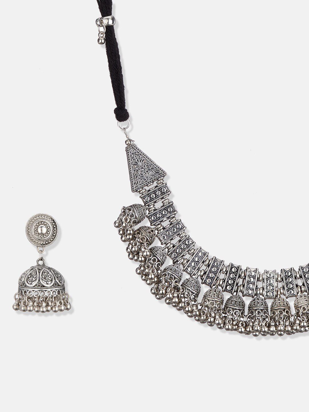 ATIBELLE Silver-Plated Oxidised Ghungaroo Beaded Jewellery Set