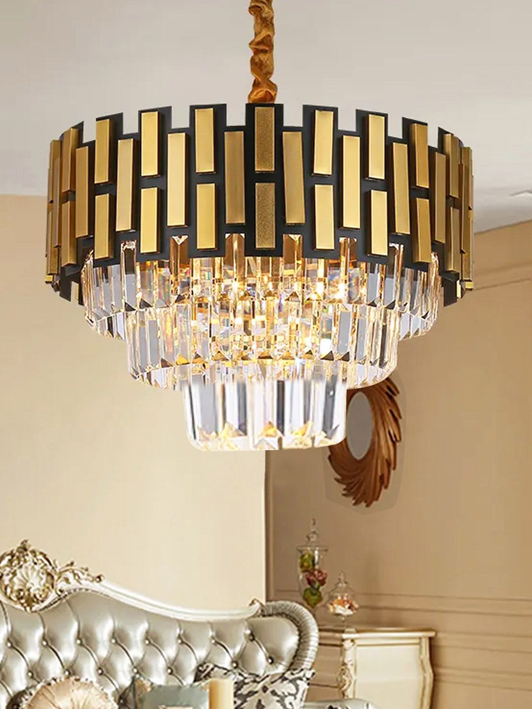 Homesake Yellow & Black 3-Tier Chandelier Hanging Chandelier-image-45